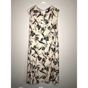 1970s Cream Black Floral Daffodils Oriental Disco Dagger Collar Volup Dress L